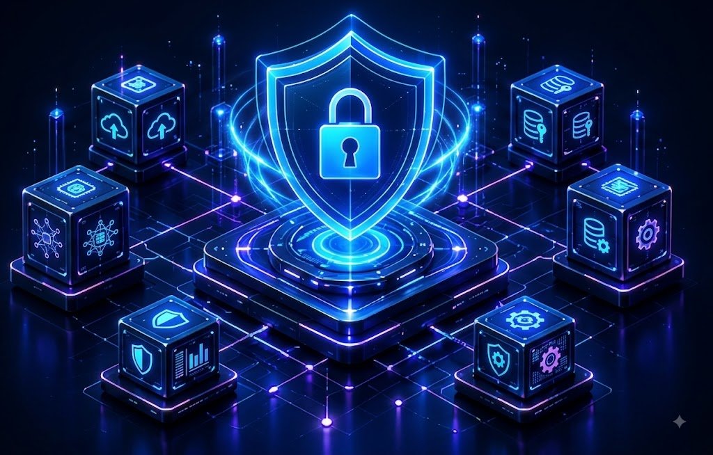 Futuristic digital banking security illustration